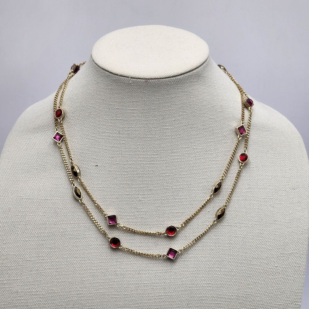 DKNY Donna Karan Pink Red Crystal Double Strand Necklace